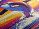 Dolphin Jump, Ocean Sunset Art, Framed Canvas Print, Vibrant Marine Life, Coastal Home Decor, Sea Animal Art, Beach House Wall Art
