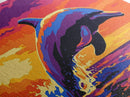Jumping Dolphin at Sunset, Framed Canvas Print, Ocean Wall Art, Vibrant Marine Painting, Coastal Decor, Beach House Aesthetic