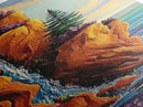 Coastal Cliffside, Waterfall, Pines - Framed Canvas Print, vibrant coastal landscape art, boho nature painting, hallway or office wall art