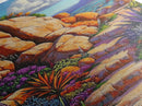 Rocky Pathway, Flowers, Framed Canvas Print, Vibrant Desert Trail Art, Colorful Landscape Wall Decor, Boho Living Room Wall Art