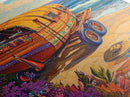 Wagon Ocean, Boho, Beach Scene With Hat Art, Framed Canvas Print, Eclectic Living Room Wall Art, Summer Coastal Decor, Vibrant Colors