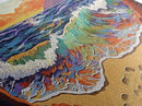Sunset Shore View, Vibrant Ocean Wave, Footprints in Sand, Coastal Seascape Art, Framed Canvas Print, Beach House Wall Decor