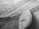 Surfboard, Coastal Shore, Serene Beach, Cloudy Sky, Framed Canvas Print, surfer room decor, rustic beach wall art, neutral home style