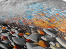 Colorful Pebble Shore, Vibrant Lake Stones, Blue Orange Rocks, Framed Canvas Print, Boho Coastal Style, Bathroom Wall Art