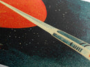 Rocket Launch Scene Diamond Shaped Canvas Textured Print, Retro Futurism Sci-Fi Wall Art, Outer Space Travel Vintage Poster