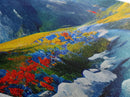Alpine Meadow Flow – Diamond Shaped Mountain River Wildflowers Canvas Art Print, Spring Nature Wall Decor, Serene Landscape Scene