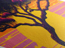 Retro Tree Horizon – Diamond Shaped Sunset Silhouette Canvas Embossed Print with Bold Colors and Stylized Nature Illustration