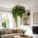 Artificial Hanging Plant Chandelier – Tropical Foliage Circular Ring (23.5in) Silver Frame – UV Resistant