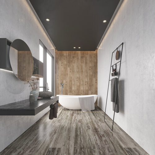 SPC Vinyl Rigid Core 7" Width 60" RL, 6mm Thick, 1.5mm IXPE Asoka Grey, Flamboyant Floors - Mazzia Collection bath view 3