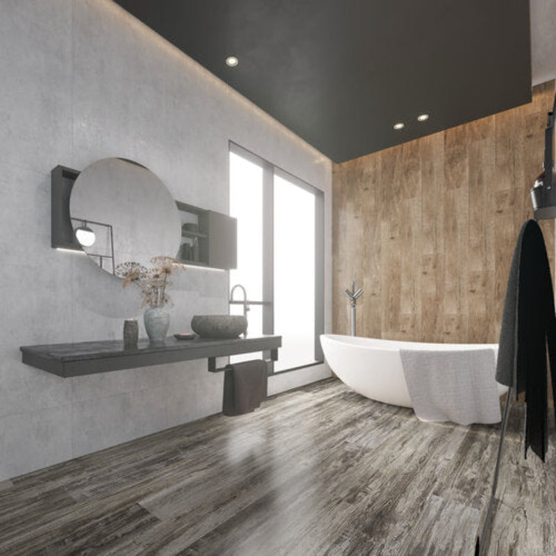 SPC Vinyl Rigid Core 7" Width 60" RL, 6mm Thick, 1.5mm IXPE Asoka Grey, Flamboyant Floors - Mazzia Collection bath view