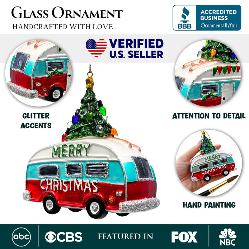 (Pre-Order) Camping RV Glass Christmas Ornament, Camper Trailer Motorhome Traveler Gift