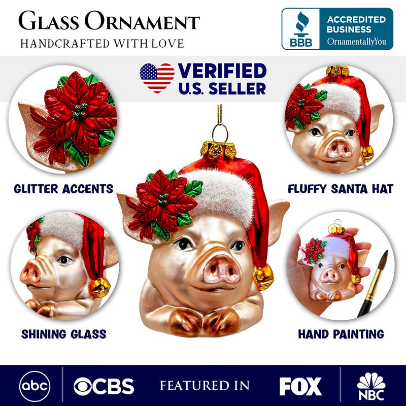 Charming Pig with Santa Hat Glass Christmas Ornament, Cute Farmhouse Tree Decor