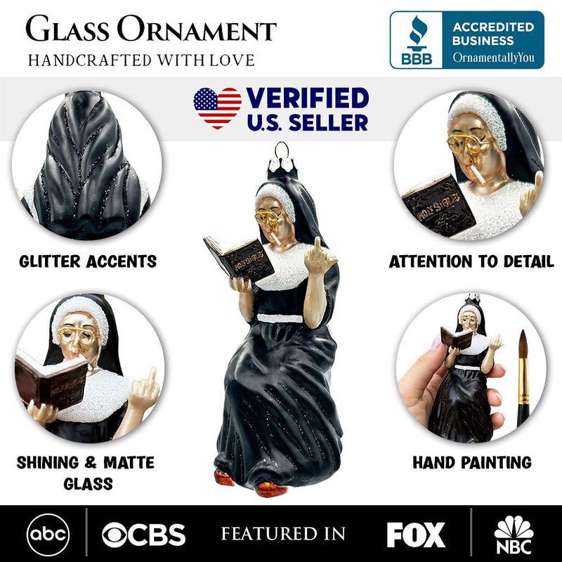 Eccentric Gothic Smoking Nun Glass Ornament, Unique Halloween and Emo Home Decor