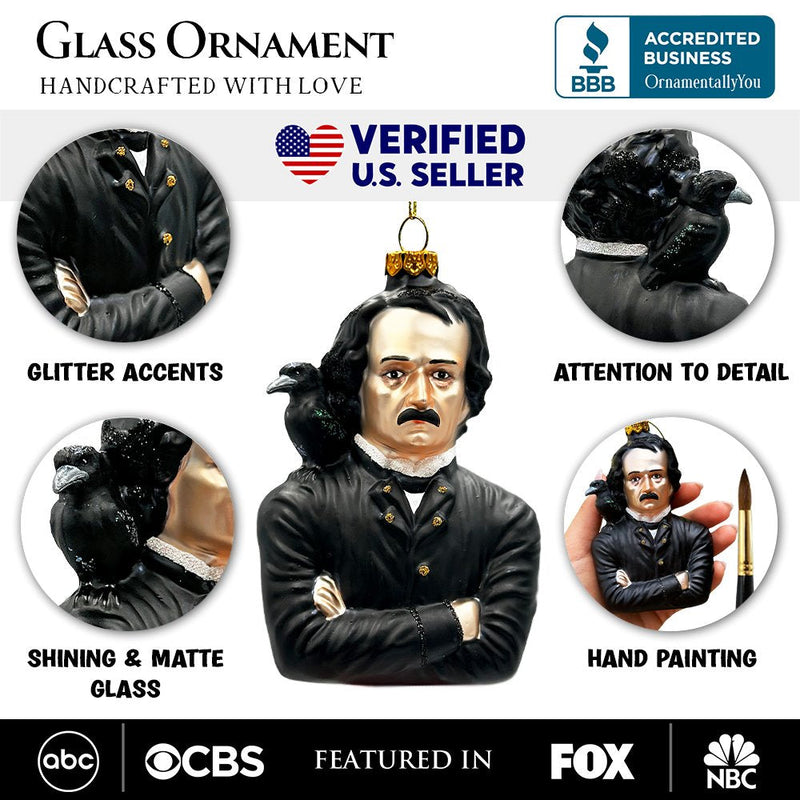 Edgar Allan Poe Glass Christmas Ornament, Spooky Halloween Horror Decor