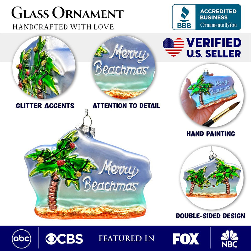 (Pre-Order) Merry Beachmas Christmas Palm Tree Glass Ornament, Xmas in July Tropical Decor