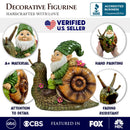 The Snailbound Gnome Cute Verdant Garden Statue, 10" Outdoor Yard or Forest Snail Decoration