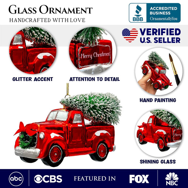 Traditional Red Truck with Ornamental Tree Glass Christmas Ornament