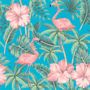 Blue Wallpaper with Pink Flamingos
