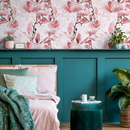 Floral Wallpaper with Watercolor and Line Art Blossoms in Pink and Burgundy - B047