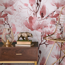 Floral Wallpaper with Watercolor and Line Art Blossoms in Pink and Burgundy - B047