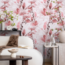 Floral Wallpaper with Watercolor and Line Art Blossoms in Pink and Burgundy - B047