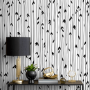 Scandinavian Wallpaper with Hand-Drawn Leafy Stems in Black and White - B060