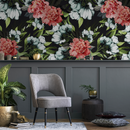 Floral Wallpaper with Vintage Peonies and Blooms in Red, White, and Green - B081