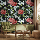 Floral Wallpaper with Vintage Peonies and Blooms in Red, White, and Green - B081