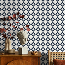 Geometric Wallpaper Featuring a Diamond Grid in Blue and White - B107