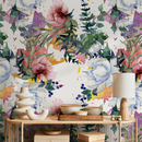 Floral Wallpaper with a Watercolor Peony Bouquet in Pink, Blue, and Green - B110