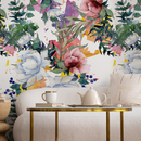 Floral Wallpaper with a Watercolor Peony Bouquet in Pink, Blue, and Green - B110
