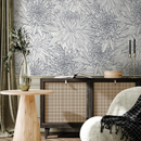 Floral Wallpaper with Hand-Drawn Chrysanthemums in Blue - B150