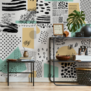 Abstract Wallpaper with a Modern Patchwork Motif in Black, Yellow, and Mint Green - B158