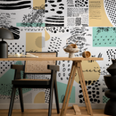 Abstract Wallpaper with a Modern Patchwork Motif in Black, Yellow, and Mint Green - B158