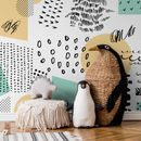 Abstract Wallpaper with a Modern Patchwork Motif in Black, Yellow, and Mint Green - B158