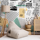 Abstract Wallpaper with a Modern Patchwork Motif in Black, Yellow, and Mint Green - B158