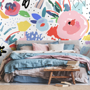Abstract Wallpaper with Painterly Florals in Pink, Blue, and Red - B172