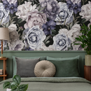 Floral Wallpaper with Vintage Peonies and Roses in Purple, Green, and Black - B186