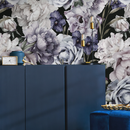 Floral Wallpaper with Vintage Peonies and Roses in Purple, Green, and Black - B186