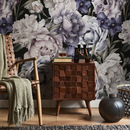 Floral Wallpaper with Vintage Peonies and Roses in Purple, Green, and Black - B186