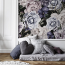 Floral Wallpaper with Vintage Peonies and Roses in Purple, Green, and Black - B186