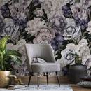Floral Wallpaper with Vintage Peonies and Roses in Purple, Green, and Black - B186