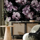 Floral Wallpaper with Large Moody Peonies in Purple and Black - B197