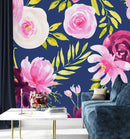 Stylish Modern Dark Blue Wallpaper with Pink Flowers