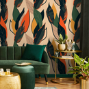 Botanical Wallpaper with Stylized Leaves in Green, Orange, and Yellow - B213