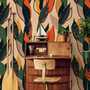 Botanical Wallpaper with Stylized Leaves in Green, Orange, and Yellow - B213