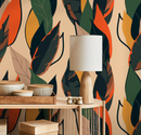 Botanical Wallpaper with Stylized Leaves in Green, Orange, and Yellow - B213