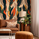 Botanical Wallpaper with Stylized Leaves in Green, Orange, and Yellow - B213