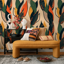 Botanical Wallpaper with Stylized Leaves in Green, Orange, and Yellow - B213