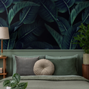 Tropical Wallpaper with Layered Banana Leaves in Dark Green and Black - B218